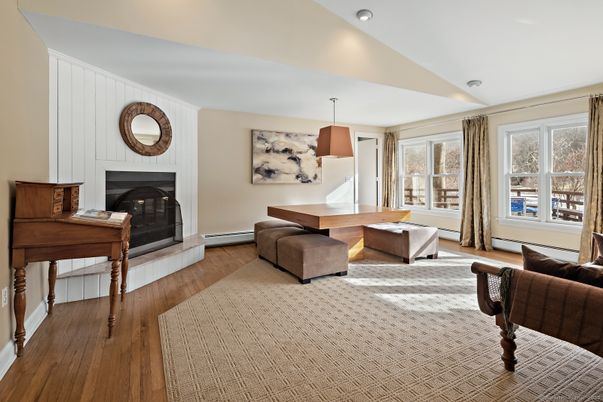 Fireplace, Interior, Living room, Pendant Lights, Piano, Recessed Lighting, Wood Texture Flooring