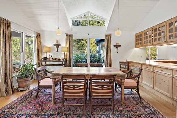 Dining room, Interior, Pendant Lights, Wood Texture Flooring