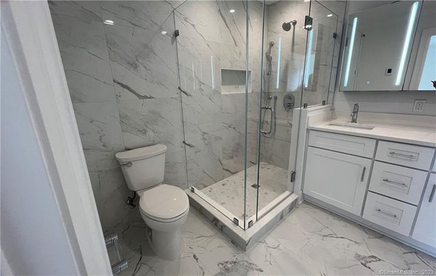 Bathroom, Glass Shower, Interior, Marble, Marble Walls, Recessed Lighting