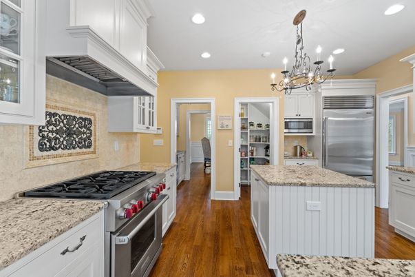 Chandelier, Interior, Kitchen, Recessed Lighting, Stainless Steel Appliances, Wood Texture Flooring
