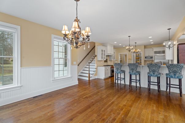 Chandelier, Interior, Kitchen, Pendant Lights, Recessed Lighting, Stainless Steel Appliances, Wood Texture Flooring