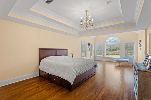 Bedroom, Chandelier, Interior, Wood Texture Flooring