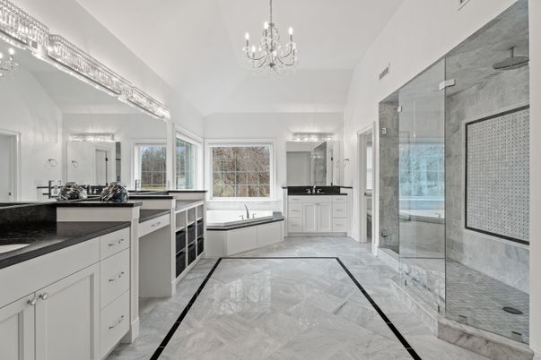 Bathroom, Chandelier, Dual Sink Vanities, Glass Shower, Interior, Marble