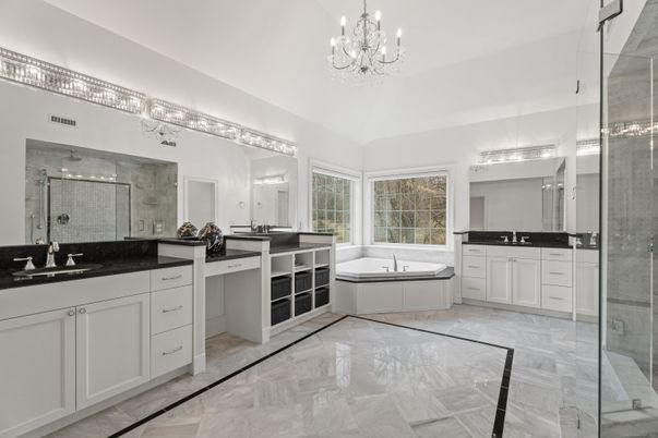 Bathroom, Chandelier, Dual Sink Vanities, Glass Shower, Interior