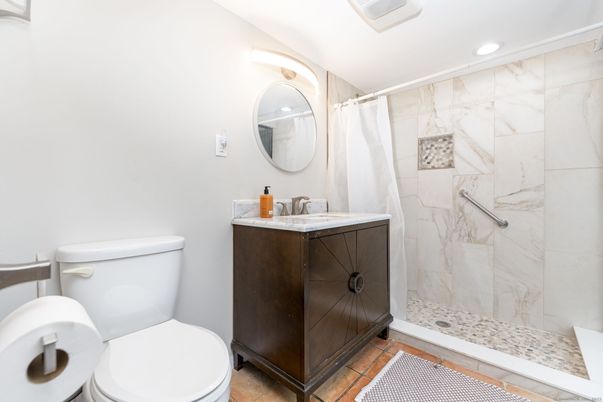 Bathroom, Glass Shower, Interior, Marble Walls, Recessed Lighting