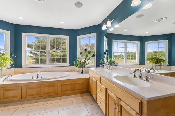 Bathroom, Dual Sink Vanities, Interior, Recessed Lighting, Tile Countertops
