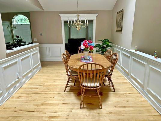 Dining room, Interior, Pendant Lights, Wood Texture Flooring