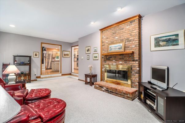 Fireplace, Interior, Living room, Recessed Lighting, Stone Walls