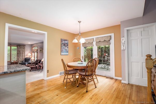Dining room, Interior, Pendant Lights, Recessed Lighting, Wood Texture Flooring