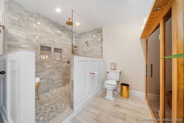 Bathroom, Glass Shower, Interior, Recessed Lighting, Wood Texture Flooring