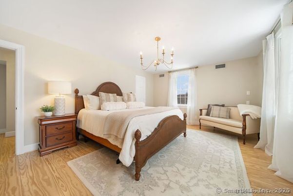 Bedroom, Chandelier, Interior, Wood Texture Flooring