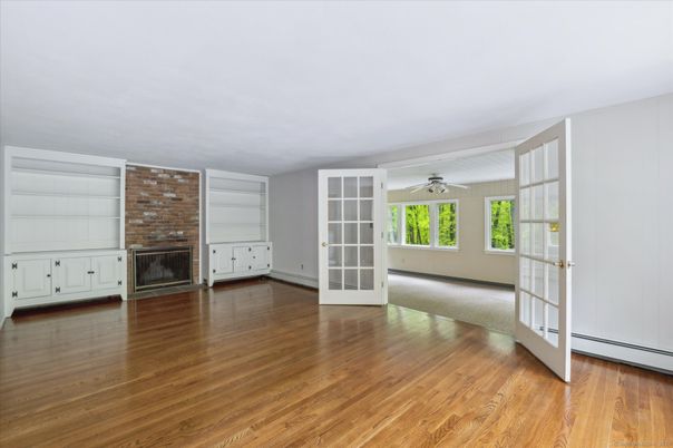 Empty room, Fireplace, Interior, Stone Walls, Wood Texture Flooring