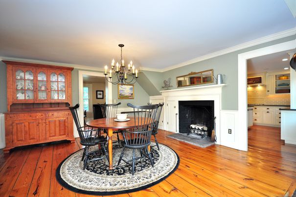 Chandelier, Dining room, Fireplace, Interior, Kitchen, Recessed Lighting, Wood Texture Flooring