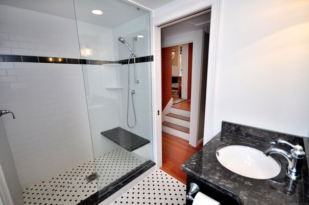 Bathroom, Glass Shower, Interior, Recessed Lighting, Wood Texture Flooring