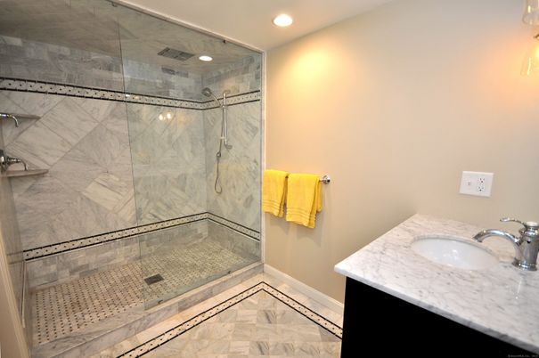 Bathroom, Glass Shower, Interior, Marble Walls, Recessed Lighting