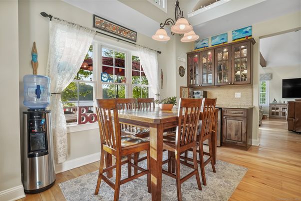 Dining room, Interior, Pendant Lights, Wood Texture Flooring