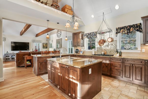 Interior, Kitchen, Pendant Lights, Recessed Lighting, Wooden Beams, Wood Texture Flooring