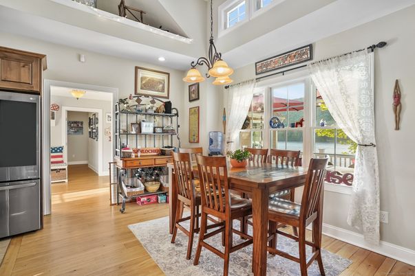 Dining room, Interior, Pendant Lights, Recessed Lighting, Wood Texture Flooring