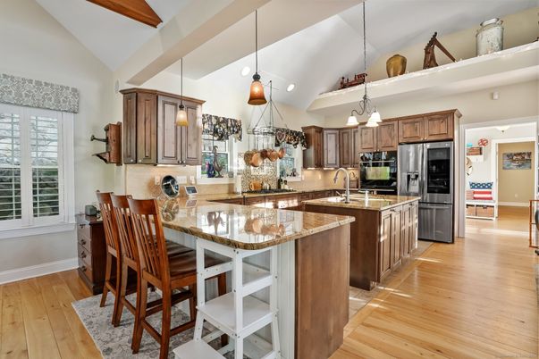 Interior, Kitchen, Pendant Lights, Recessed Lighting, Stainless Steel Appliances, Wooden Beams, Wood Texture Flooring