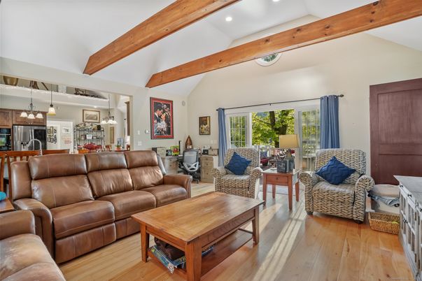 Dining room, Interior, Living room, Pendant Lights, Recessed Lighting, Wooden Beams, Wood Texture Flooring