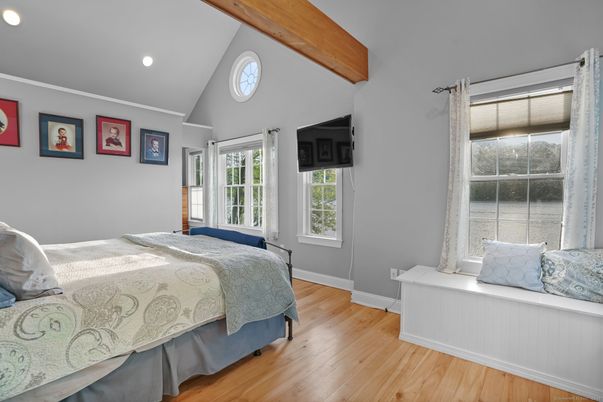 Bedroom, Interior, Recessed Lighting, Wooden Beams, Wood Texture Flooring