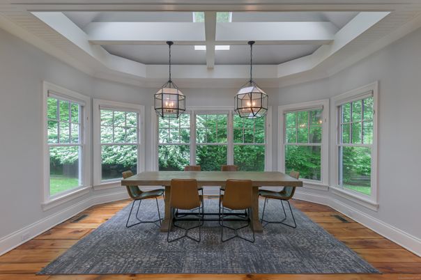 Dining room, Interior, Pendant Lights, Wood Texture Flooring