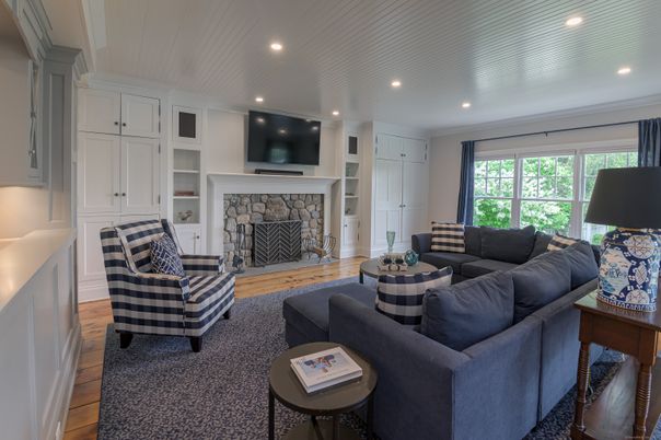 Fireplace, Interior, Living room, Recessed Lighting, Wood Texture Flooring