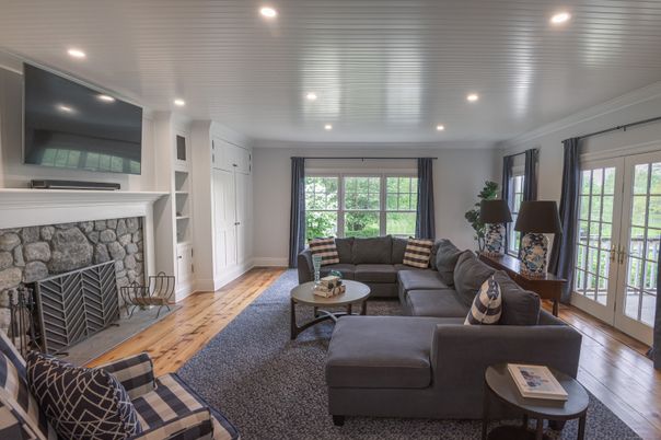 Fireplace, Interior, Living room, Recessed Lighting, Wood Texture Flooring