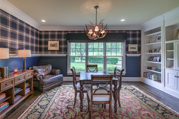 Chandelier, Home Office, Interior, Recessed Lighting, Wood Texture Flooring
