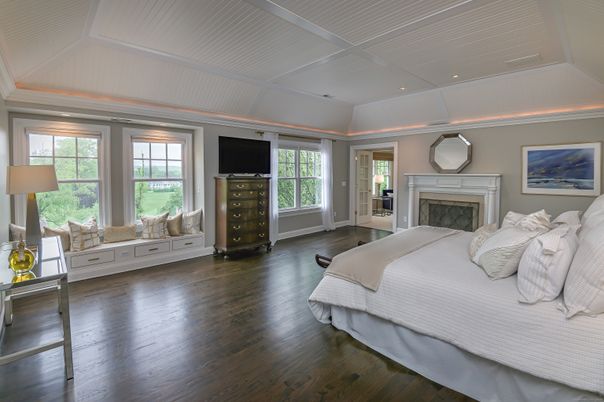 Bedroom, Fireplace, Interior, Recessed Lighting, Wood Texture Flooring