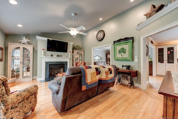 Bedroom, Fireplace, Interior, Recessed Lighting, Wood Texture Flooring