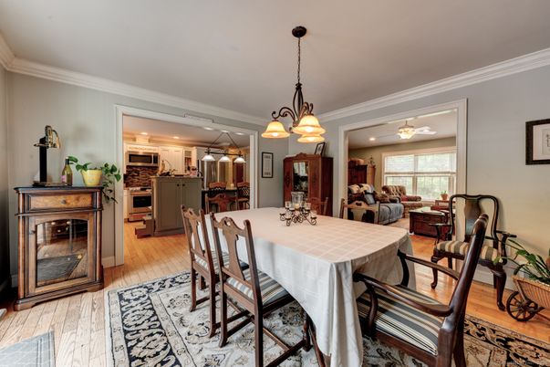 Dining room, Interior, Kitchen, Living room, Pendant Lights, Recessed Lighting, Stainless Steel Appliances, Wood Texture Flooring