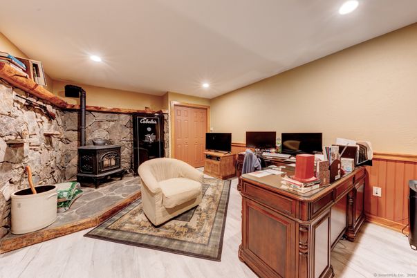 Fireplace, Home Office, Interior, Recessed Lighting, Stone Walls, Wood Texture Flooring