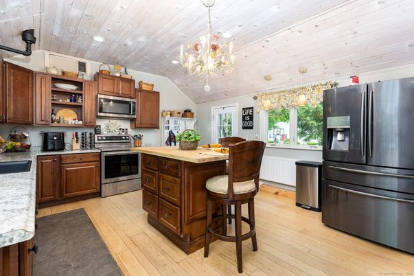 Chandelier, Interior, Kitchen, Recessed Lighting, Stainless Steel Appliances, Wooden Ceilings, Wood Texture Flooring