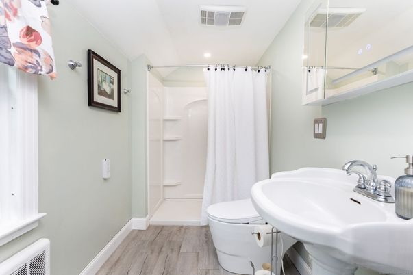 Bathroom, Interior, Recessed Lighting, Wood Texture Flooring