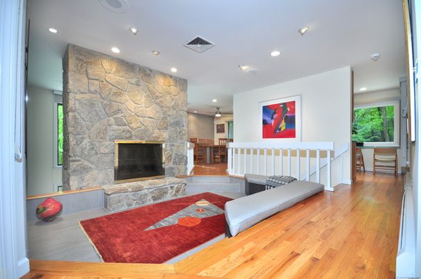 Fireplace, Interior, Recessed Lighting, Stone Walls, Wood Texture Flooring