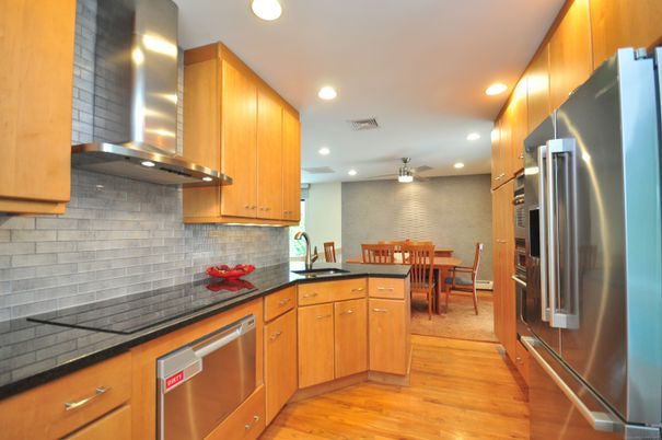 Dining room, Interior, Kitchen, Recessed Lighting, Stainless Steel Appliances, Wood Texture Flooring