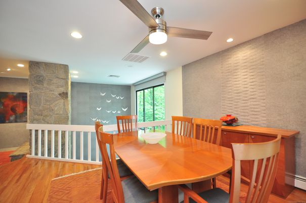 Dining room, Interior, Recessed Lighting, Stone Walls, Wood Texture Flooring