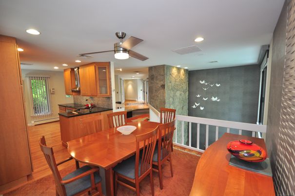 Dining room, Interior, Kitchen, Recessed Lighting, Stone Walls, Wood Texture Flooring