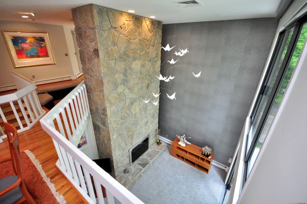 Fireplace, Interior, Recessed Lighting, Stone Walls