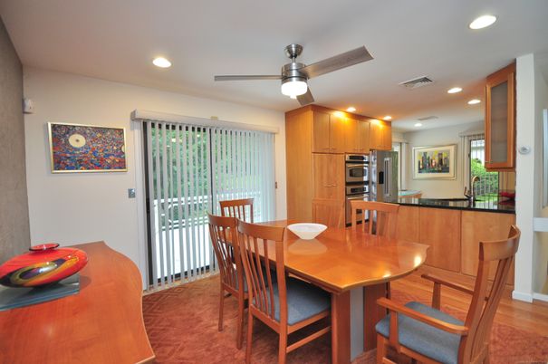 Dining room, Interior, Kitchen, Recessed Lighting, Stainless Steel Appliances, Wood Texture Flooring