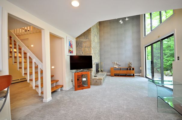 Fireplace, Interior, Recessed Lighting, Stone Walls