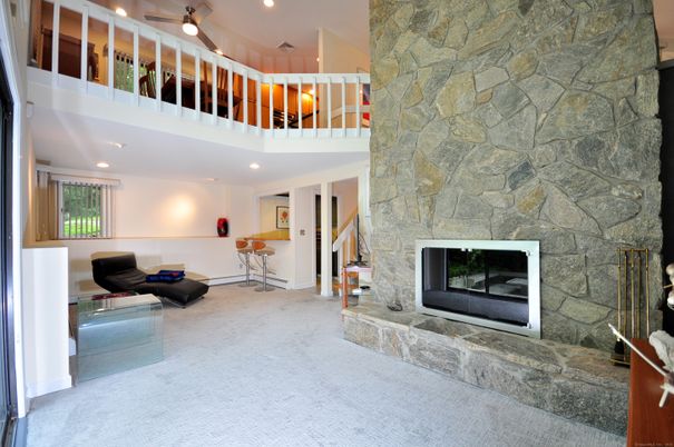 Fireplace, Interior, Recessed Lighting, Stone Walls