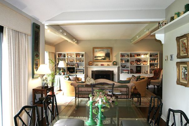 Fireplace, Interior, Living room, Recessed Lighting, Wooden Beams, Wood Texture Flooring