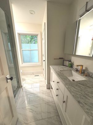 Bathroom, Dual Sink Vanities, Interior, Marble, Recessed Lighting