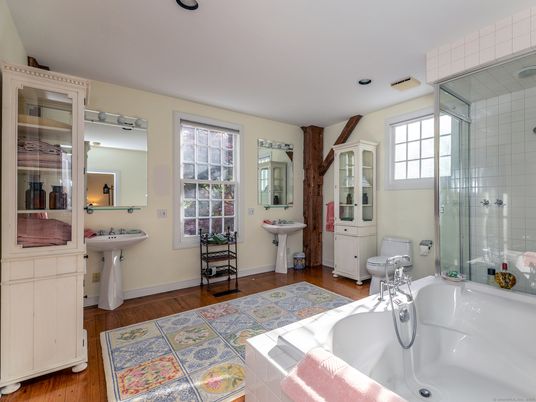 Bathroom, Glass Shower, Interior, Wood Texture Flooring