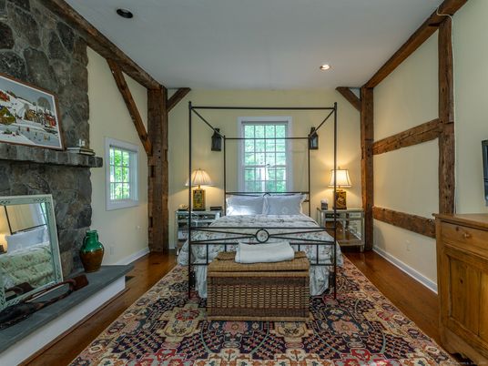 Bedroom, Fireplace, Interior, Recessed Lighting, Wood Texture Flooring