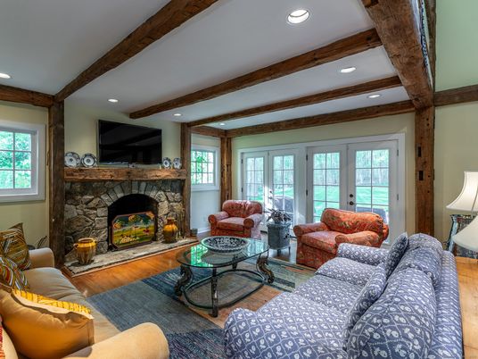 Fireplace, Interior, Living room, Recessed Lighting, Wooden Beams, Wood Texture Flooring