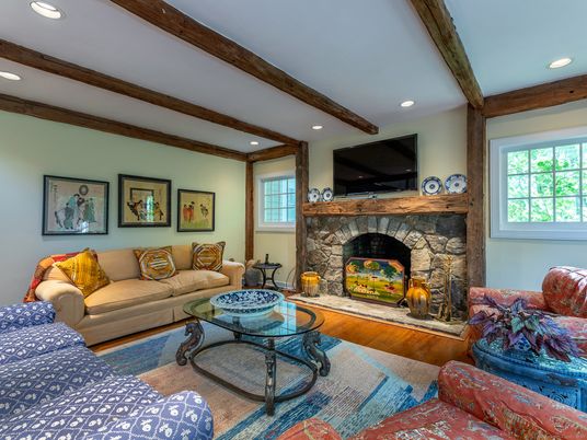 Fireplace, Interior, Living room, Recessed Lighting, Wooden Beams, Wood Texture Flooring