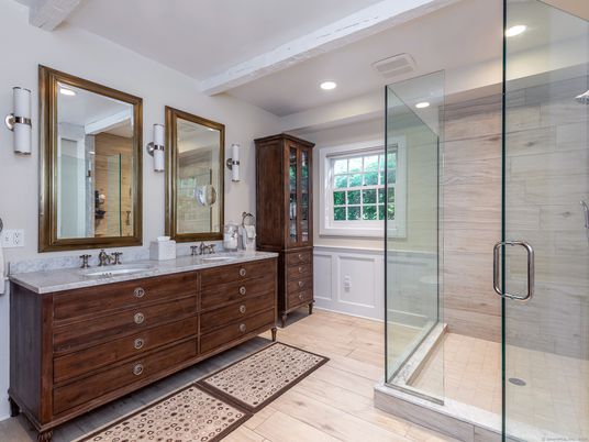 Bathroom, Dual Sink Vanities, Glass Shower, Interior, Recessed Lighting, Wood Texture Flooring